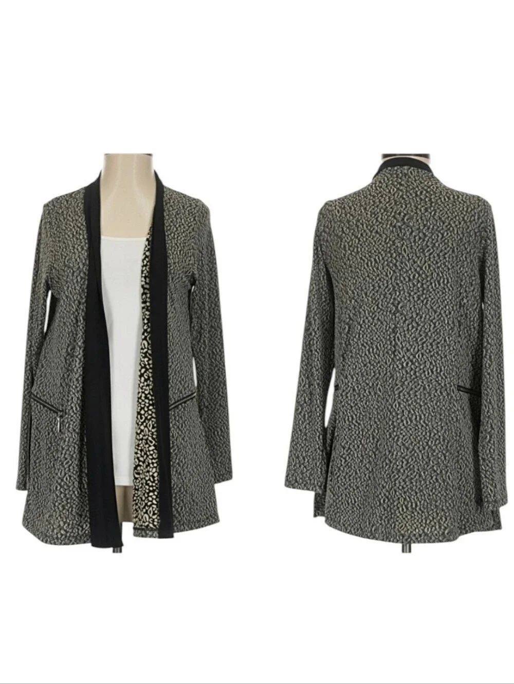Sun Kim Womens Jacket Open Front Animal Print Zipper Detail Black Tan Size S